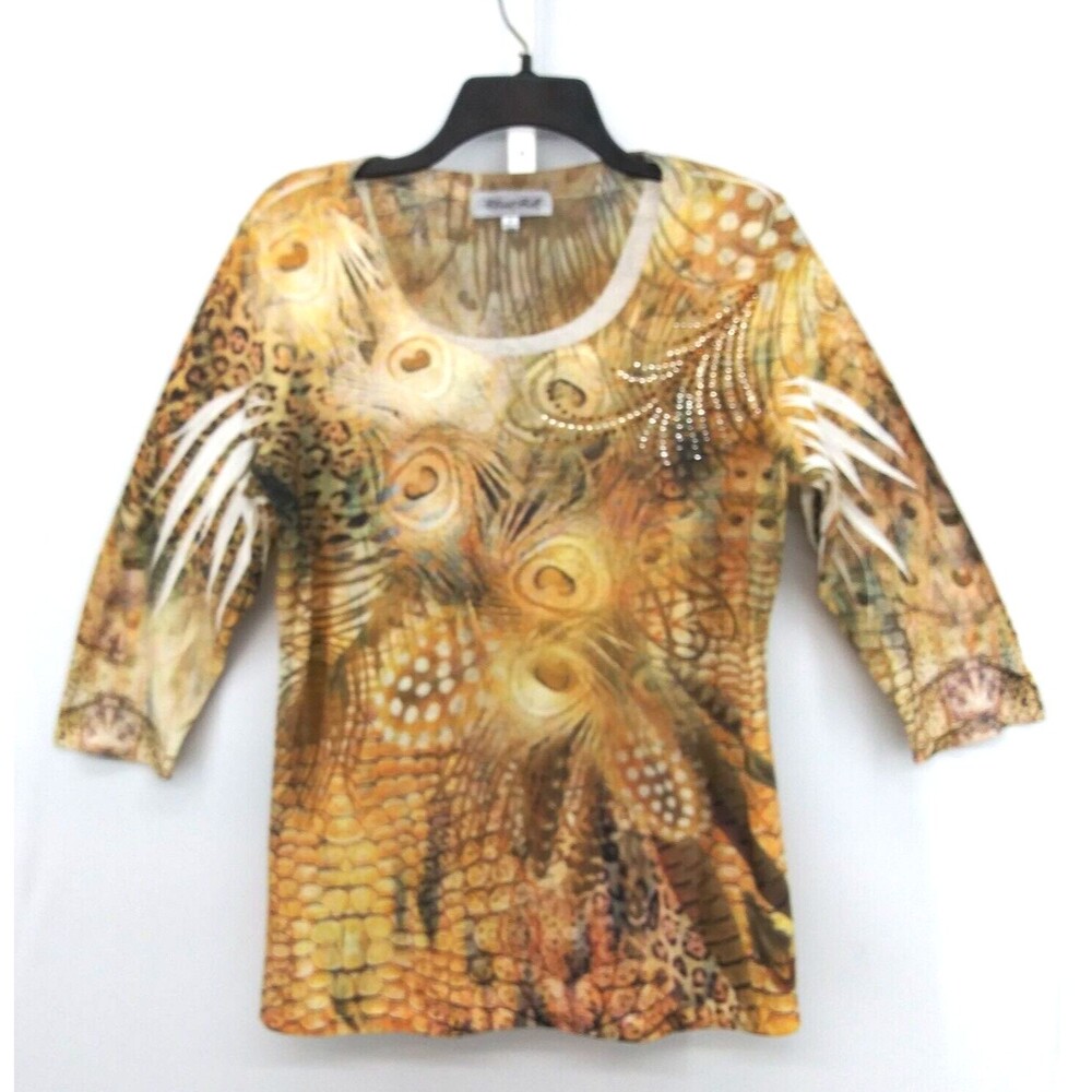 Closet Full Shirt Womens Size M Brown Floral Beaded 3/4 Sleeve Scoop Neck Top